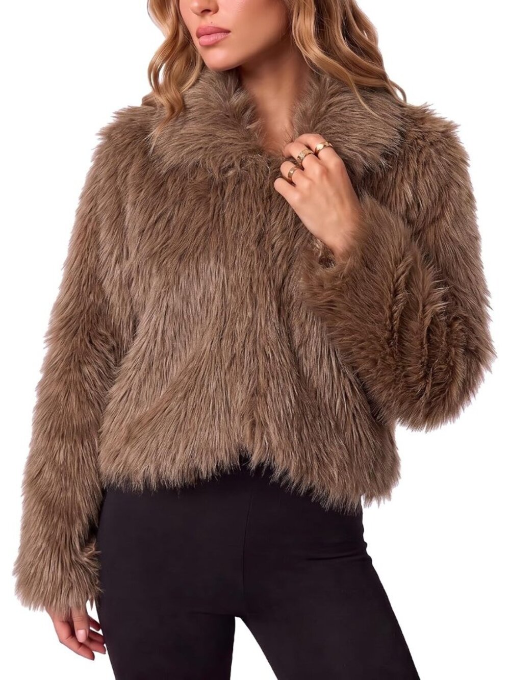 Women's Brown 100% Polyester Faux Fur Cozy Collared V-Neck Shaggy Crop Coats